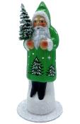 Schaller Paper Mache Candy Container - Santa in Green Shiny Coat with Tree Scene                                                                                                                        