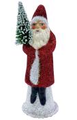 Schaller Paper Mache Candy Container -  Santa in Red Glitter Coat with Green and White Tree                                                                                                             