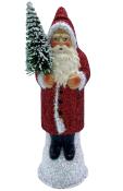 Schaller Paper Mache Candy Container - Santa in Red Glitter Coat with Green and White Tree                                                                                                              